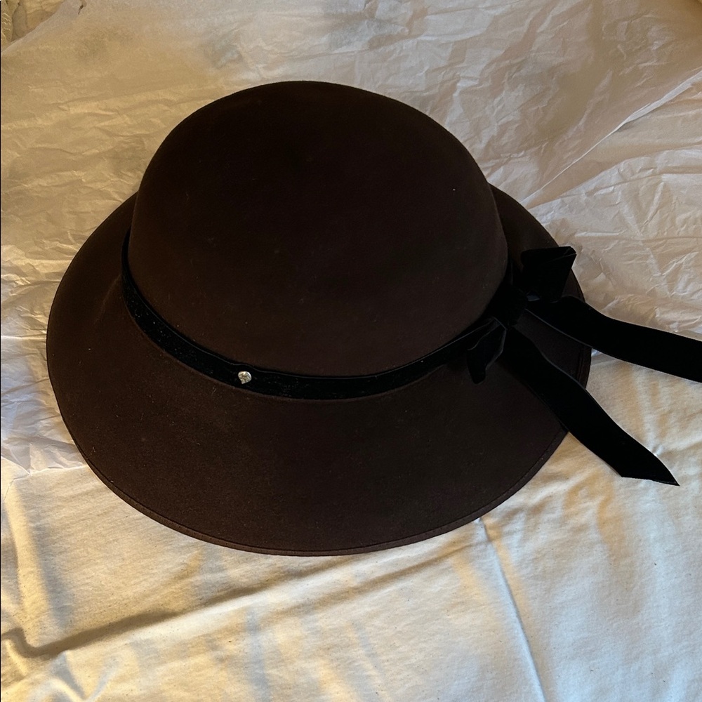 Helen Kaminski Dark Brown Felt Wide-Brim Hat with Velvet Bow